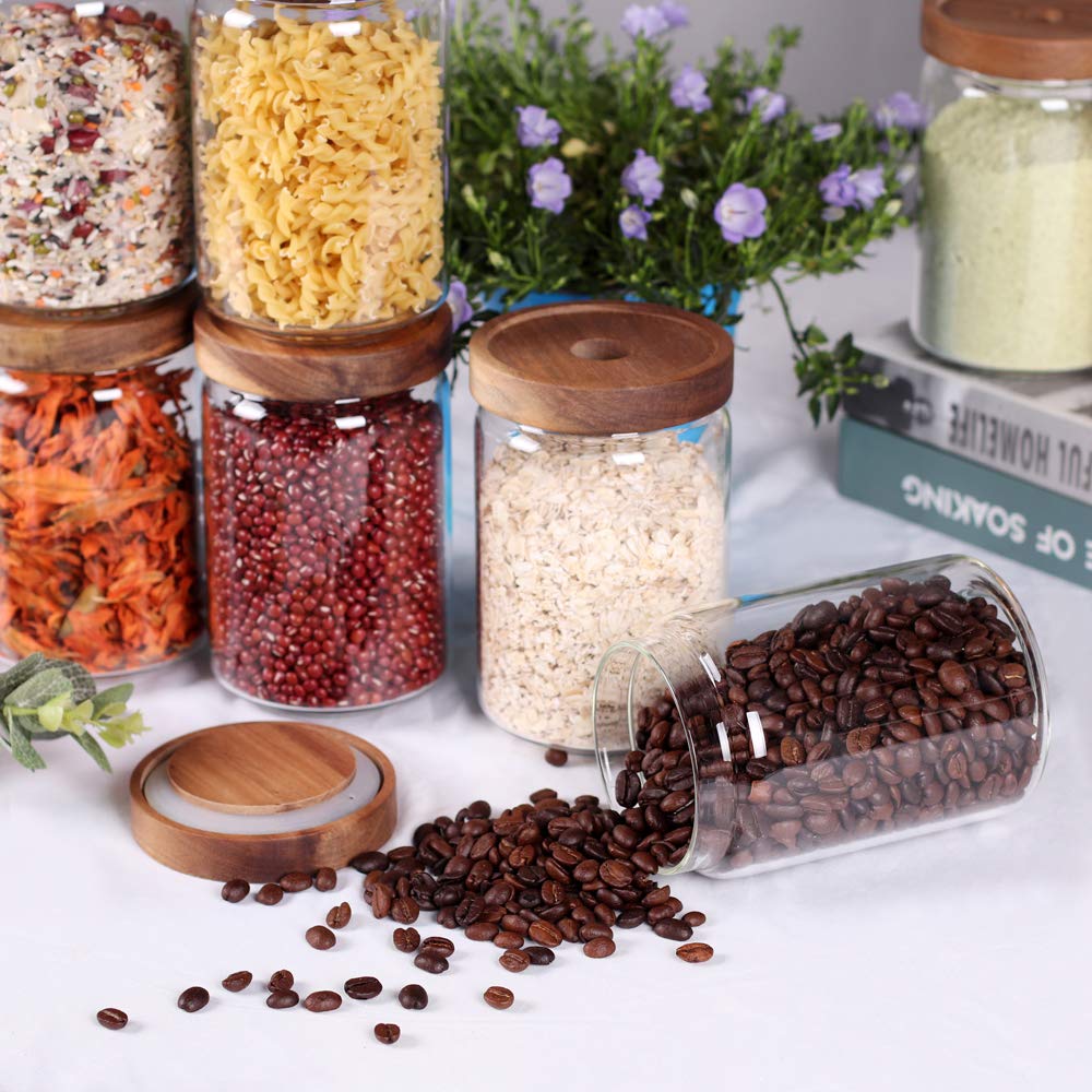 SAIOOL Kitchen Canisters Set of 6-8.5oz Glass Spice Jars With Acacia Airtight Lid and Labels Round Spice Bottles for kitchen Seasoning Baby Food Kids Snacks Meal Prep Containers Candle