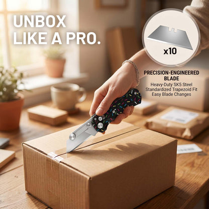 Folding Utility Knife for Women Men,Quick Change Box Cutter with 10Pcs SK5 Replaceable Blades,EDC Razor Knife for Cartons,Cardboard,Boxes,Christmas Stocking Stuffers Gifts for Men Husband(donut black)