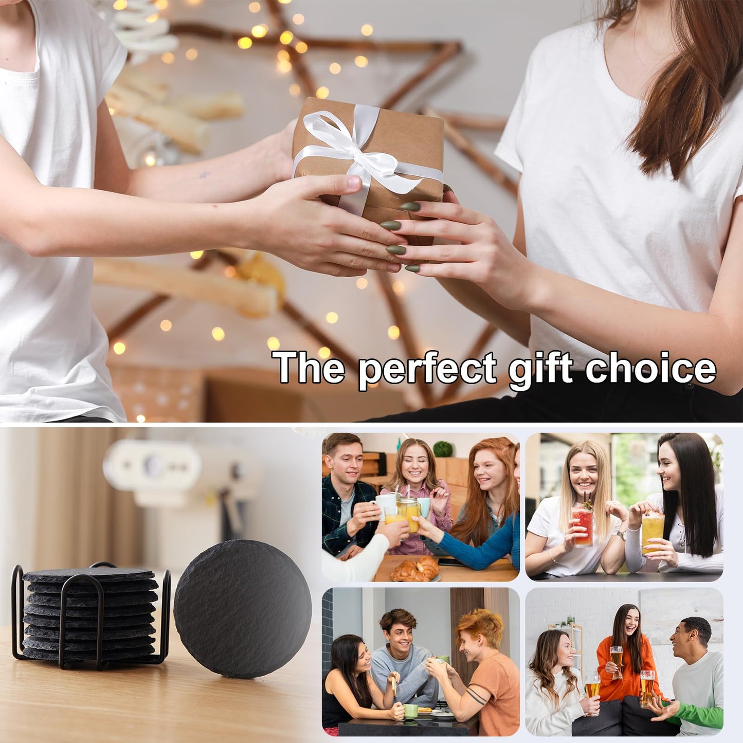 24 PCS Slate Coasters Set, 4 Inch Black Round Stone Drink Coasters Bulk, Laser Engraving Blanks with Anti-Scratch Bottom for Coffee Bar Home Kitchen Decor, Ideal Housewarming Wedding Gifts