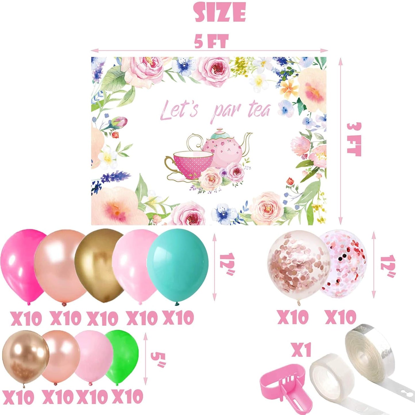 115 Pcs Let's Par Tea Party Supplies, 5x3 FT Floral Tea Time Photography Backdrop, Arch Garland Kit