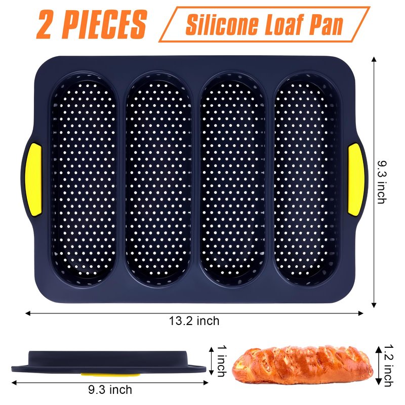 XenMee 2 Pcs Silicone Bread Loaf Pan, Non-Stick Baguette Bread Pan Food Grade, 4-Cavity Perforated French Baking Mold for Homemade Bread, French Baguette, Sandwich Rolls