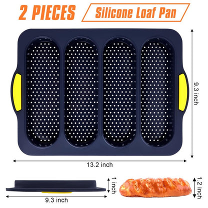 XenMee 2 Pcs Silicone Bread Loaf Pan, Non-Stick Baguette Bread Pan Food Grade, 4-Cavity Perforated French Baking Mold for Homemade Bread, French Baguette, Sandwich Rolls