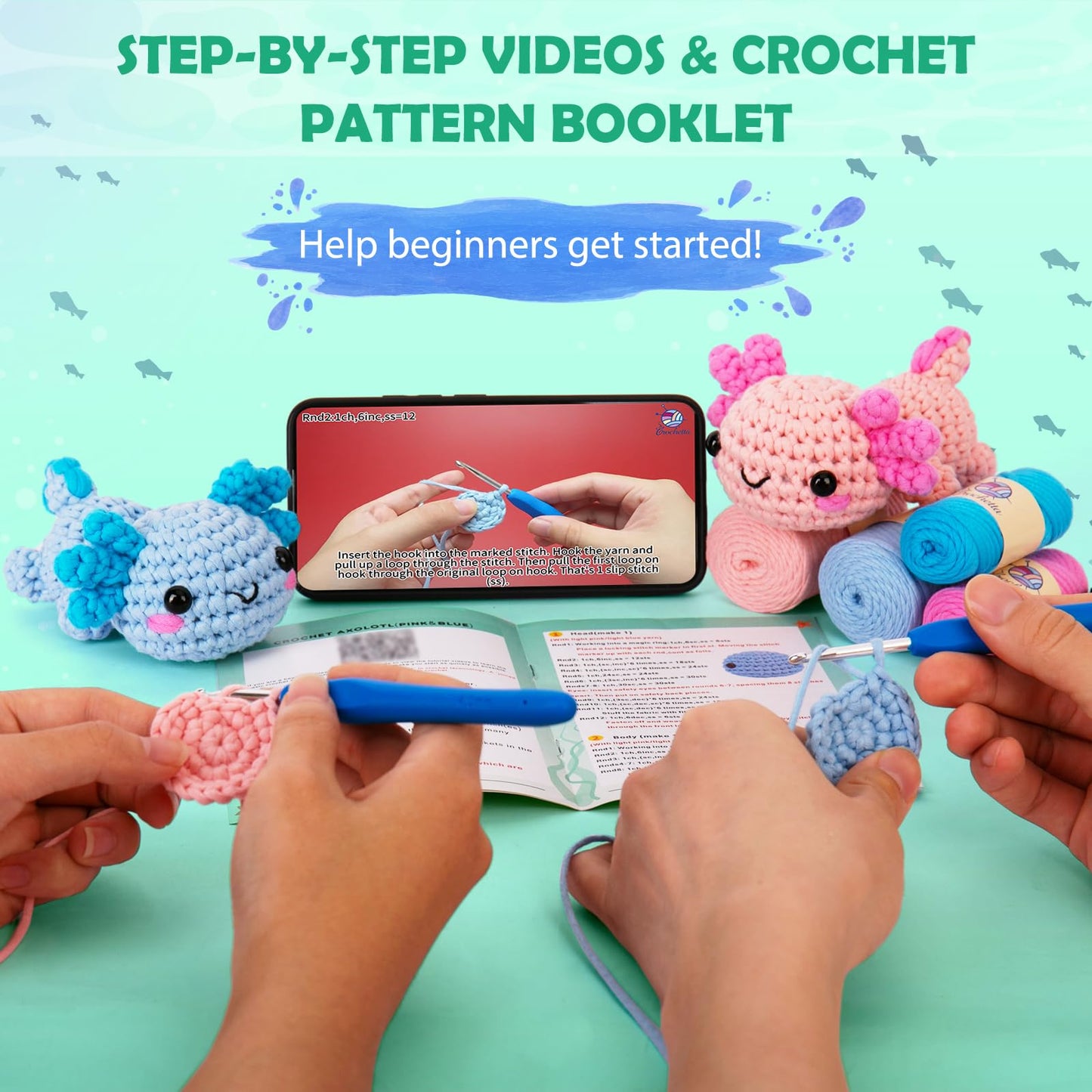 Crochetta Crochet Kit for Beginners, Beginner Crochet Starter Kit w Step-by-Step Video Tutorials, Learn to Crochet Kits for Adults Women Men, DIY Knitting Supplies, Axolotls (Blue and Pink)