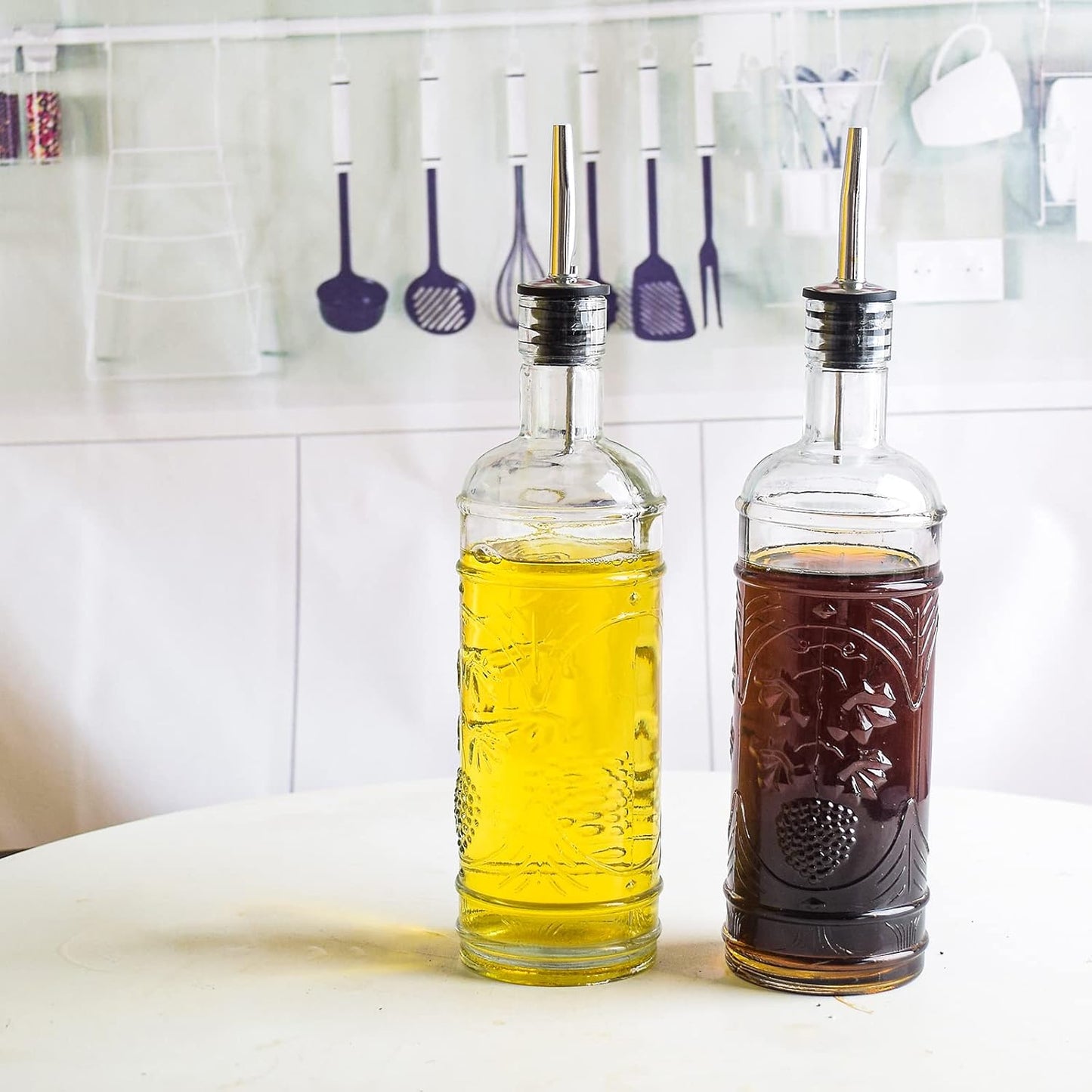 2 Pack Set 16oz, eleganttime Glass Oil and Vinegar Dispenser Superior Leakproof Olive Oil Dispenser Bottle Strong