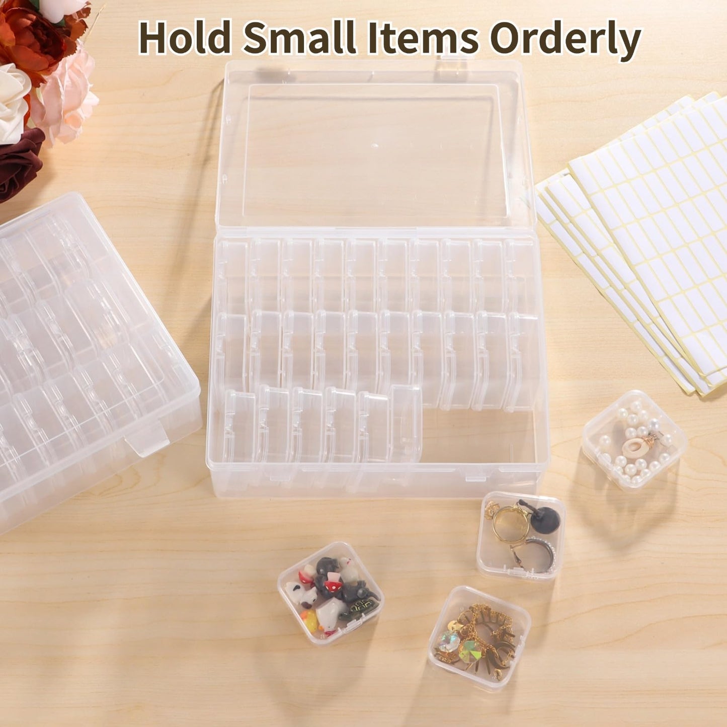 120Pcs Bead Organizer Box, Small Clear Plastic Bead Storage Containers, 4 Craft Storage Boxes with Hinged Lid, 336 Labels, Mini Box for Jewelry Making Bracelets Beading Nails Screws Seeds Small Parts