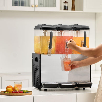 VEVOR Commercial Beverage Dispenser, 3 Tanks 12 L / 12.7 QT Per Tank Juice Dispenser, 370W Stainless Steel Ice Tea Drink Machine with 45°F-54°F Cooling Temperature, for Cold Drink Restaurant Bar Party