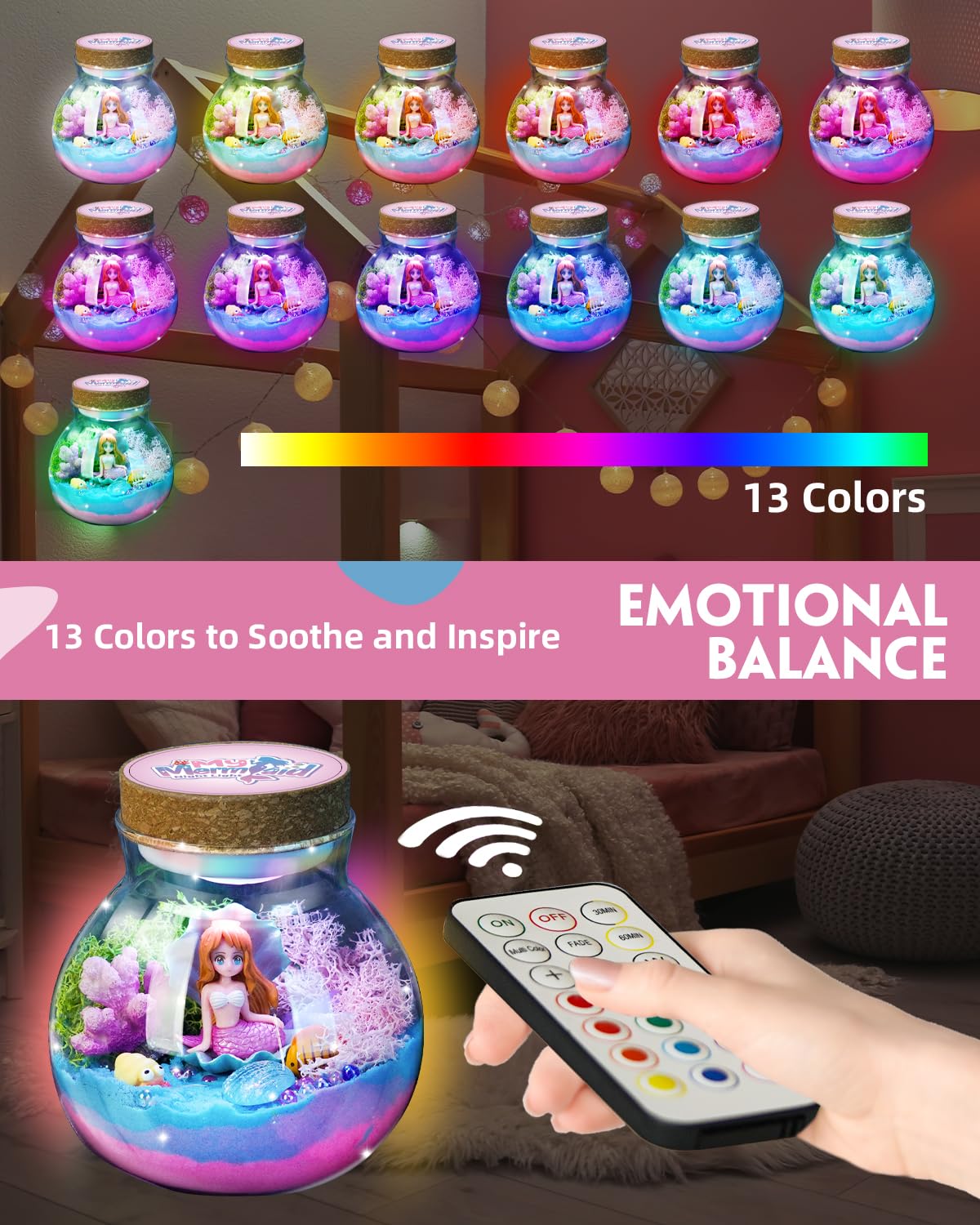 Winnrok Mermaid Terrarium Kit for Girls - DIY Night Light Craft with 13-Color LED, Remote & Timer. Ideal Easter Basket Stuffers, Birthday Gift for Kids Ages 4-8-12. Create Underwater Garden