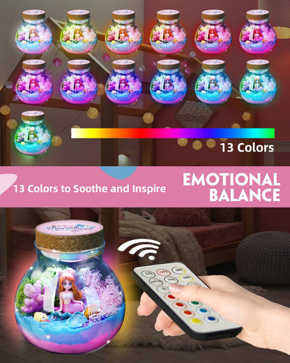 Winnrok Mermaid Terrarium Kit for Girls - DIY Night Light Craft with 13-Color LED, Remote & Timer. Ideal Easter Basket Stuffers, Birthday Gift for Kids Ages 4-8-12. Create Underwater Garden