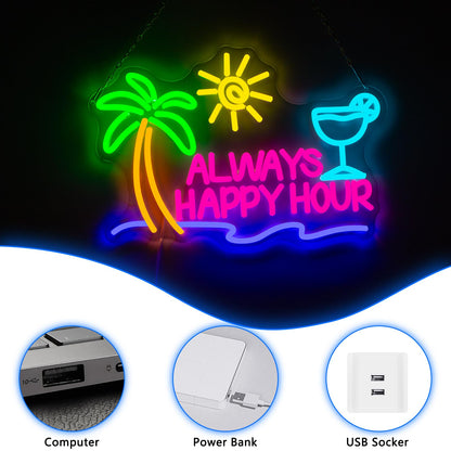 NINSNINT Always Happy Hour Neon Sign, Dimmables Beach Neon Signs for Wall Decor, Palm Tree Led Light Up Signs for Bedroom Bar Club Pub Man Cave Restaurant Party Decorations