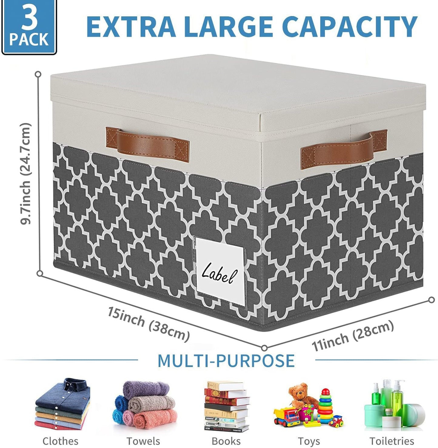 GhvyenntteS Large Storage Bins with Lids, 3-Pack Foldable Fabric Boxes, Sturdy Baskets with Label Window