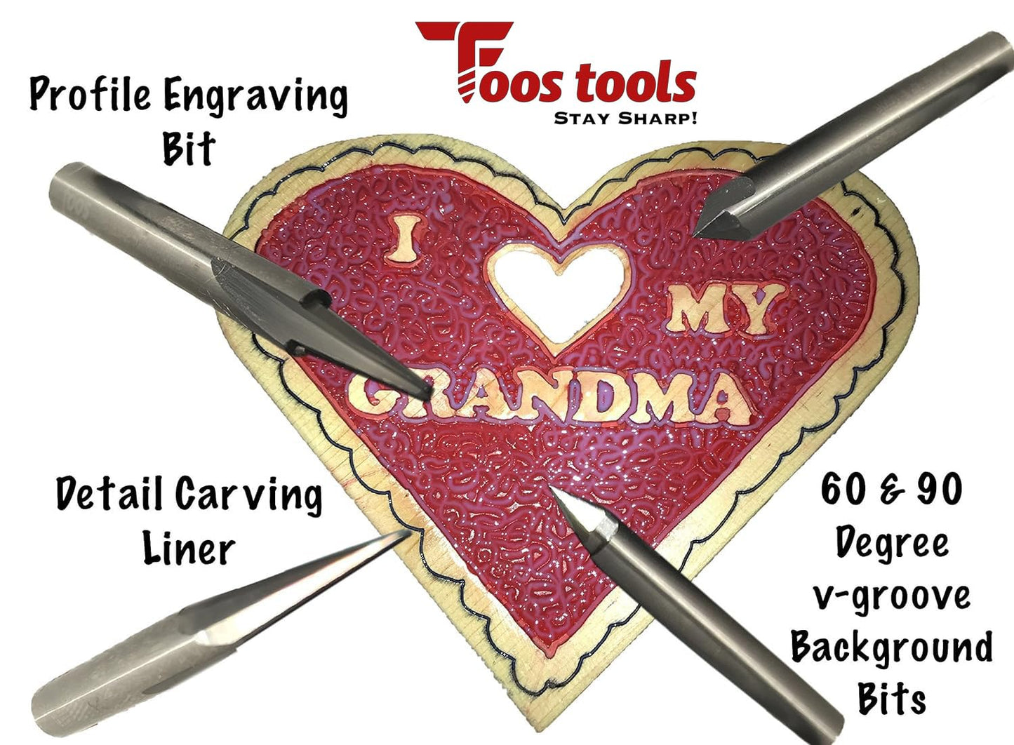 FOOS - Engraving CNC Wood Carving Router Bit Set - 4pcs - Solid Carbide - 1/4” Shanks = Profile + Carving Liner + 2 V Groove USA Veteran Owned