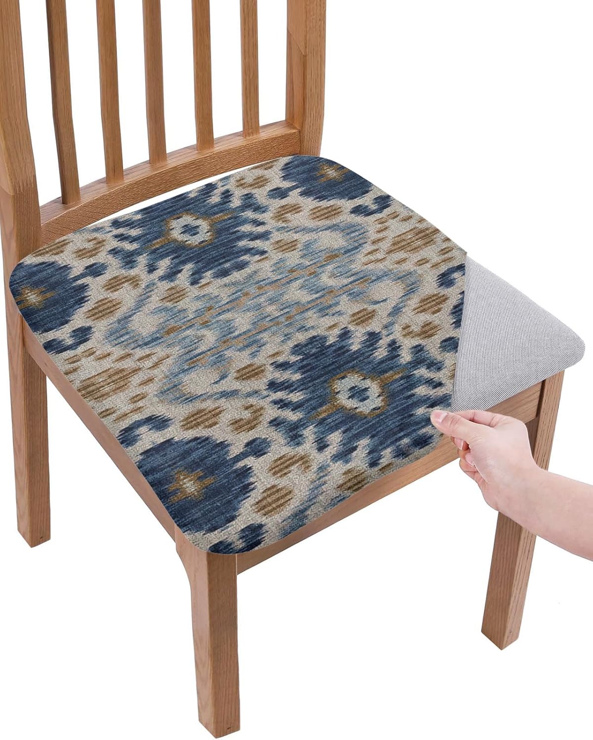 Boho Blue Brown Seat Covers for Dining Room Chairs, Stretch Cushion Protector for Kitchen Set of 2