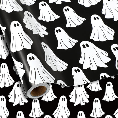 Whaline Halloween Wrapping Paper -Mini Roll- 17 In x 32.8 Ft Groovy Black White Ghost Gift Wrap Paper for Baby Shower Birthday Halloween Wrapping Supplies