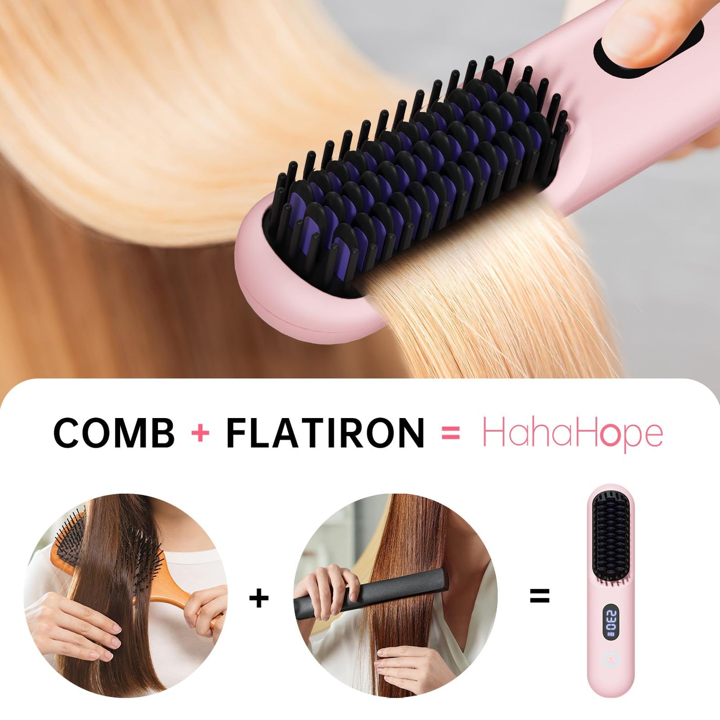 Cordless Hair Straightener Brush-Portable Straightening Comb, 9600mAh Batt, Plasma Tech, 9 Temp-Settings & LED Display, for Travel & Home(Pink)