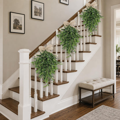 Artificial Olive Teardrop Swag Wreath for Front Door - 22 Inch Faux Greenery Wall Decor with Burlap Bow - Farmhouse Olive Branch Swag for Indoor Kitchen Entryway Wedding Arch