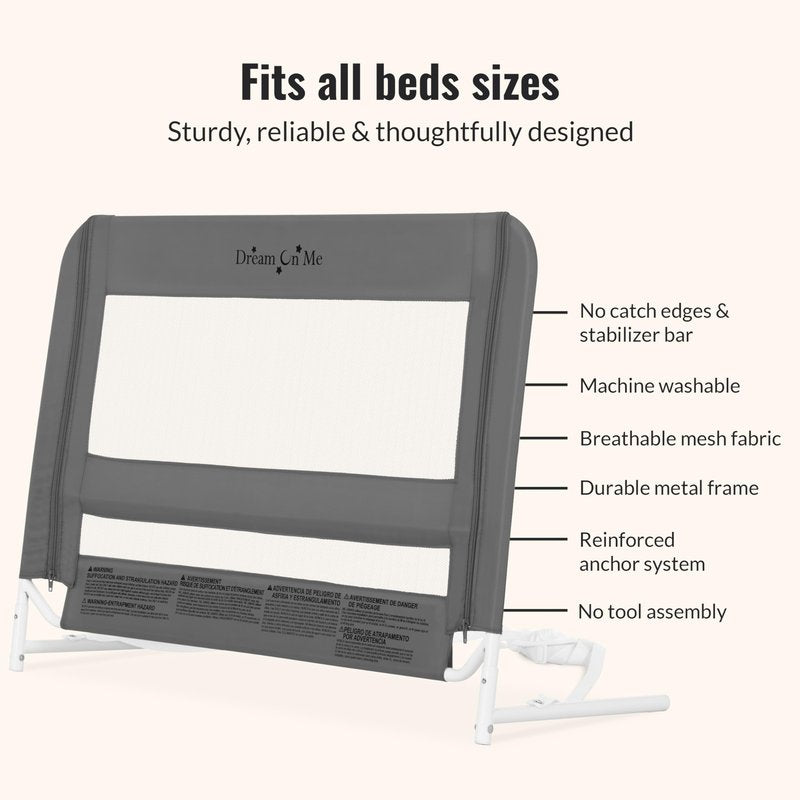 Dream On Me Mesh Security Bed Guard Rail for Toddlers 2–5 Years, Fits Twin–King Beds, Reinforced Anchor System, 2 Adjustable Heights, Grey, Not for Cribs/Toddler Beds