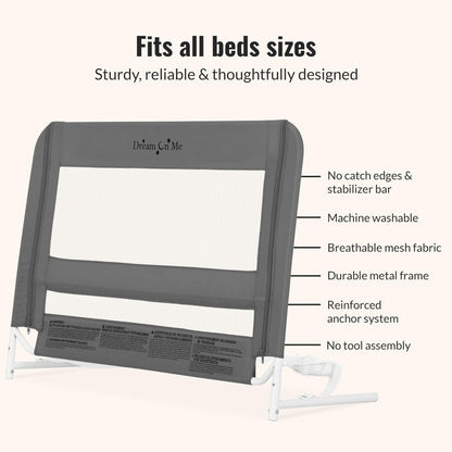Dream On Me Mesh Security Bed Guard Rail for Toddlers 2–5 Years, Fits Twin–King Beds, Reinforced Anchor System, 2 Adjustable Heights, Grey, Not for Cribs/Toddler Beds
