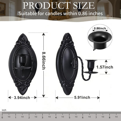 Vrnikhub Black Candle Sconces Set of Two, Victorian Decor Royal Wall Sconce, Metal Rustic Candle Holder Baroque Home Wall Decor for Living Room, Dining Room, Bedroom, Fireplace, Hallway, Window