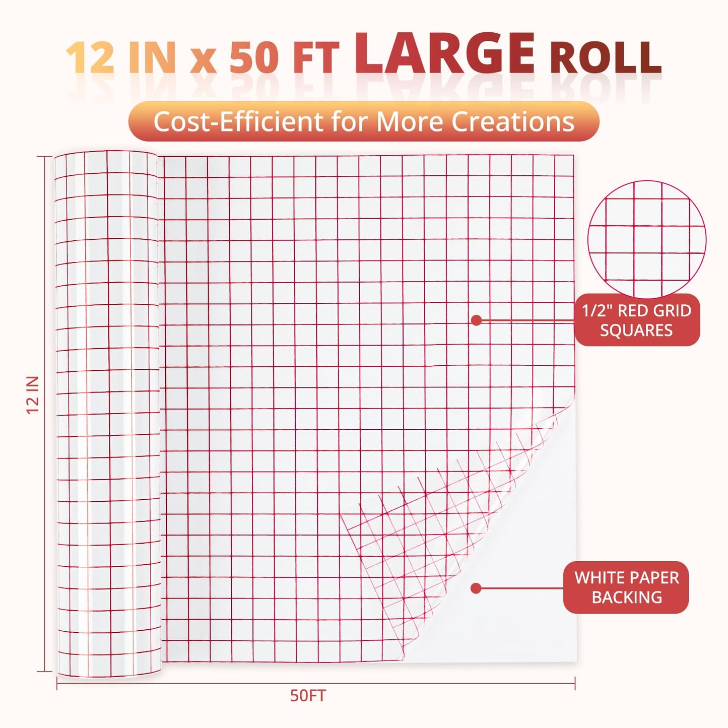 YRYM HT Clear Vinyl Transfer Paper Tape Roll - 12 x 50 FT w/Alignment Grid Application Tape Compatible with Cricut Explore & Maker Machines, Adhesive Vinyl for Decals, Signs, Windows, Stickers