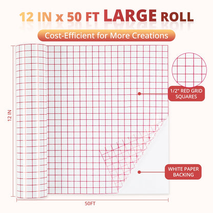 YRYM HT Clear Vinyl Transfer Paper Tape Roll - 12 x 50 FT w/Alignment Grid Application Tape Compatible with Cricut Explore & Maker Machines, Adhesive Vinyl for Decals, Signs, Windows, Stickers