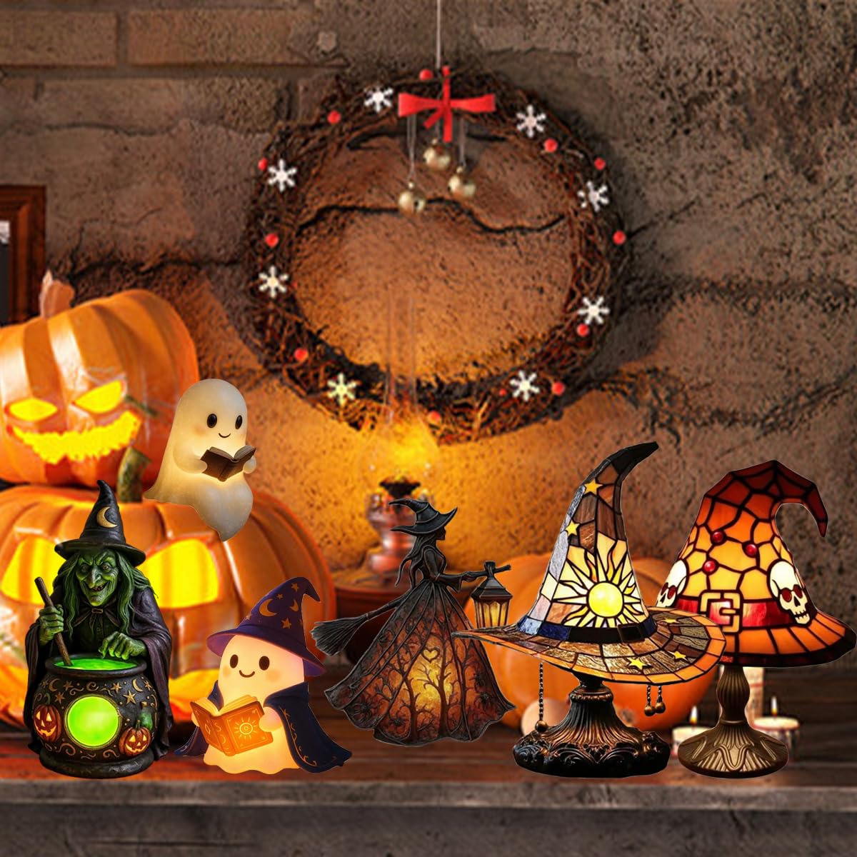 MYSNKU Halloween Ambiance Lamp – Handcrafted Stained Gothic Wizard Hat Night Light Reading Book Lamp, Suitable for Indoor Party & Spooky Outdoor Halloween Decoration, with USB Plug (A Yellow)