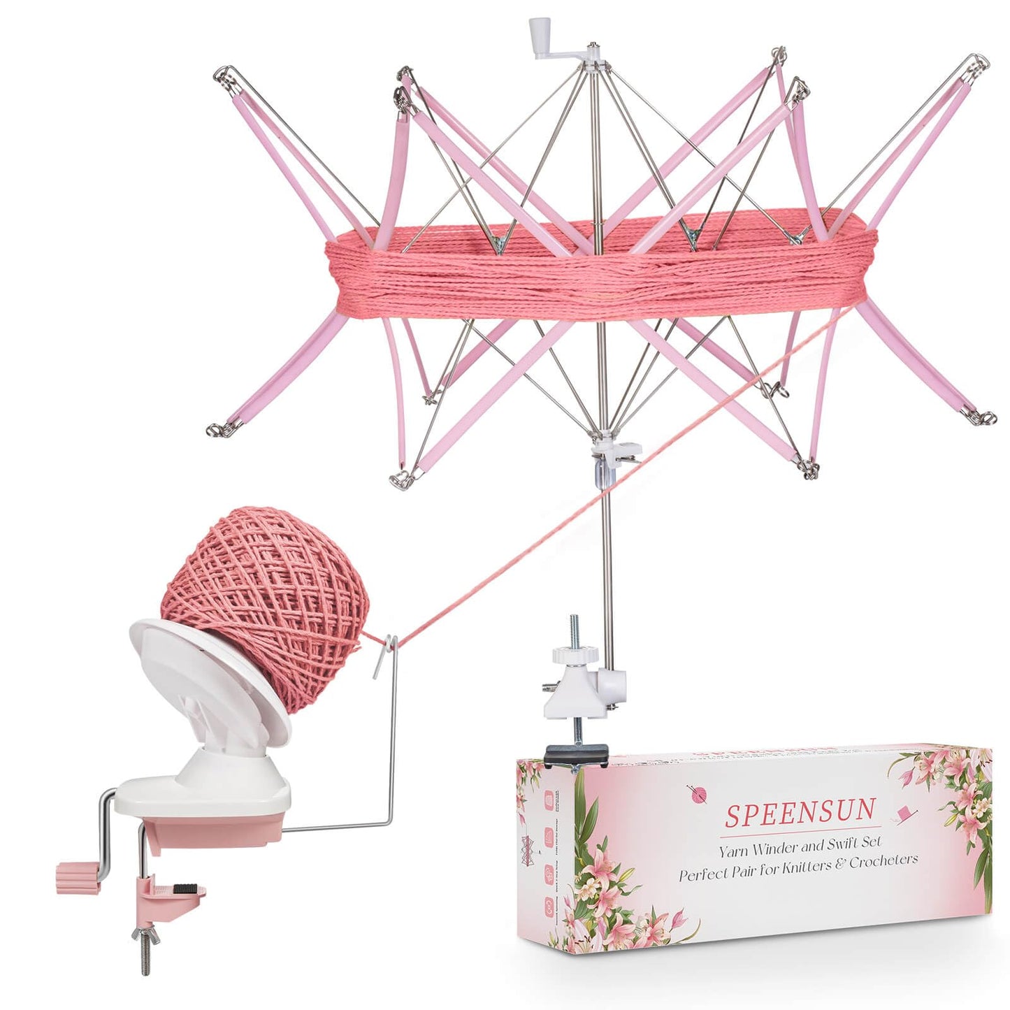 SPEENSUN Yarn Winder and Swift Combo, Efficient 3.5 OZ Yarn Cake Maker, Adjustable Angle/Height Yarn Swift Turn Loose Yarn into Tidy Skeins, Easy-to-Install Yarn Spinner for Yarns Below Size 5