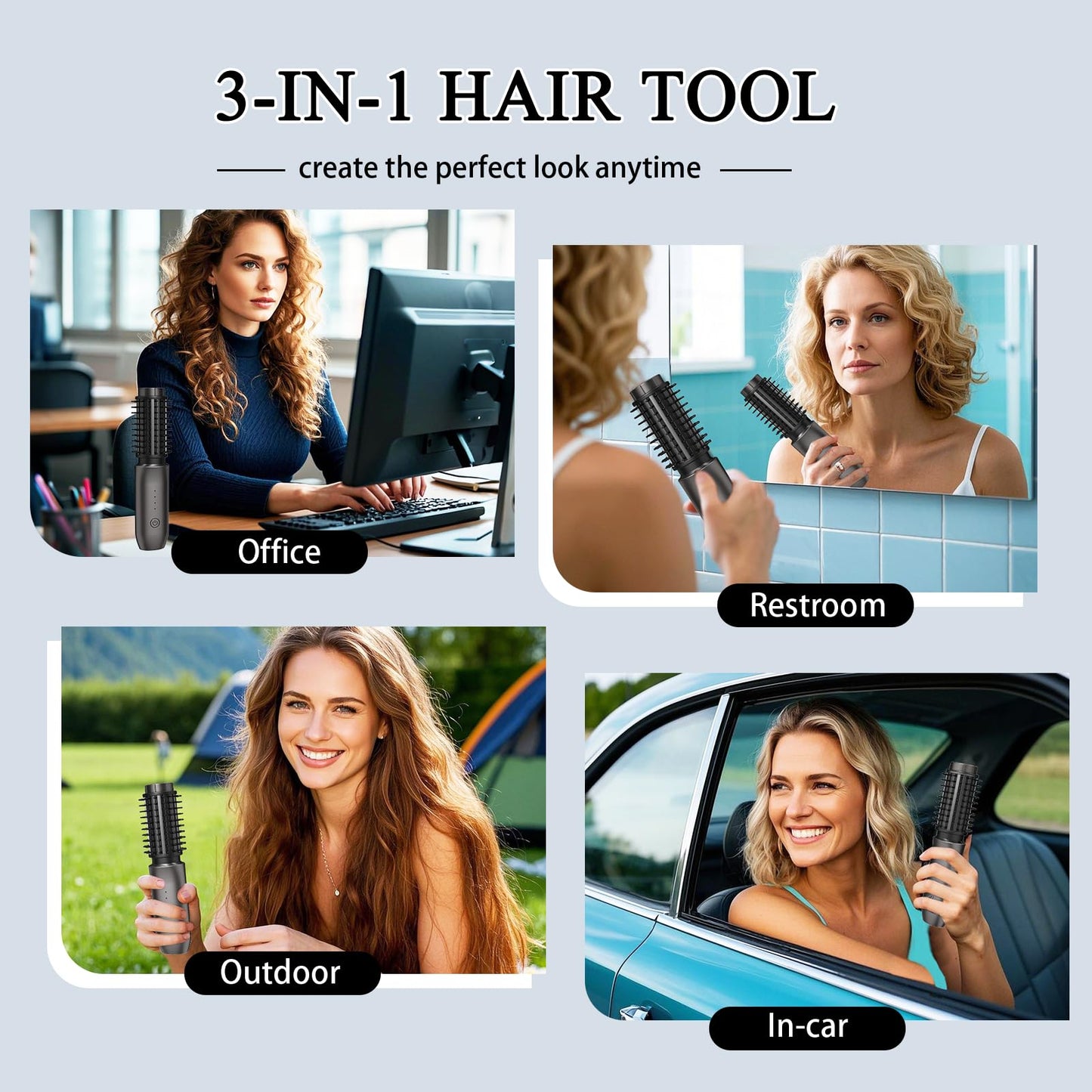 Cordless Hair Curling Iron Brush, Travel Curl Brush, 3-in-1 Portable Curling Iron Cordless, Plasma Thermal Hair Brush, 7000mAh USB Rechargeable Curlings Wand, Mini Hot Curlings Brush-Blush Pink