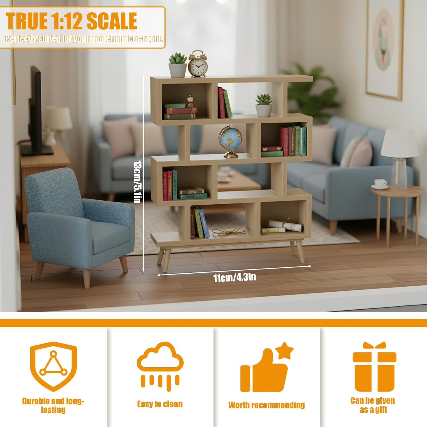 stazuvrt 1:12 Dollhouse Mini Bookshelf | 3D-Printed Modern Geometric Display Shelf, Ideal for Dollhouse Furniture Collectors(Natural Wood Color)