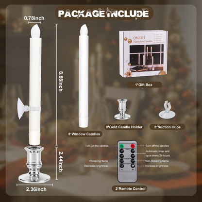 Qmioti 8 Pack Christmas Window Candles, Battery Operated Window Candles with Timer Remote, LED Window Candle with Candle Holders Suction Cups for Christmas Decorations, Silver