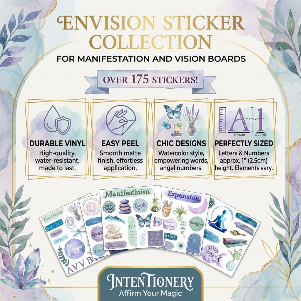 Vision Board Stickers for Manifestation - 175+ Vinyl Watercolor Decals for Manifestation to Personalize Journals, Planners, Water Bottles, and Laptops.