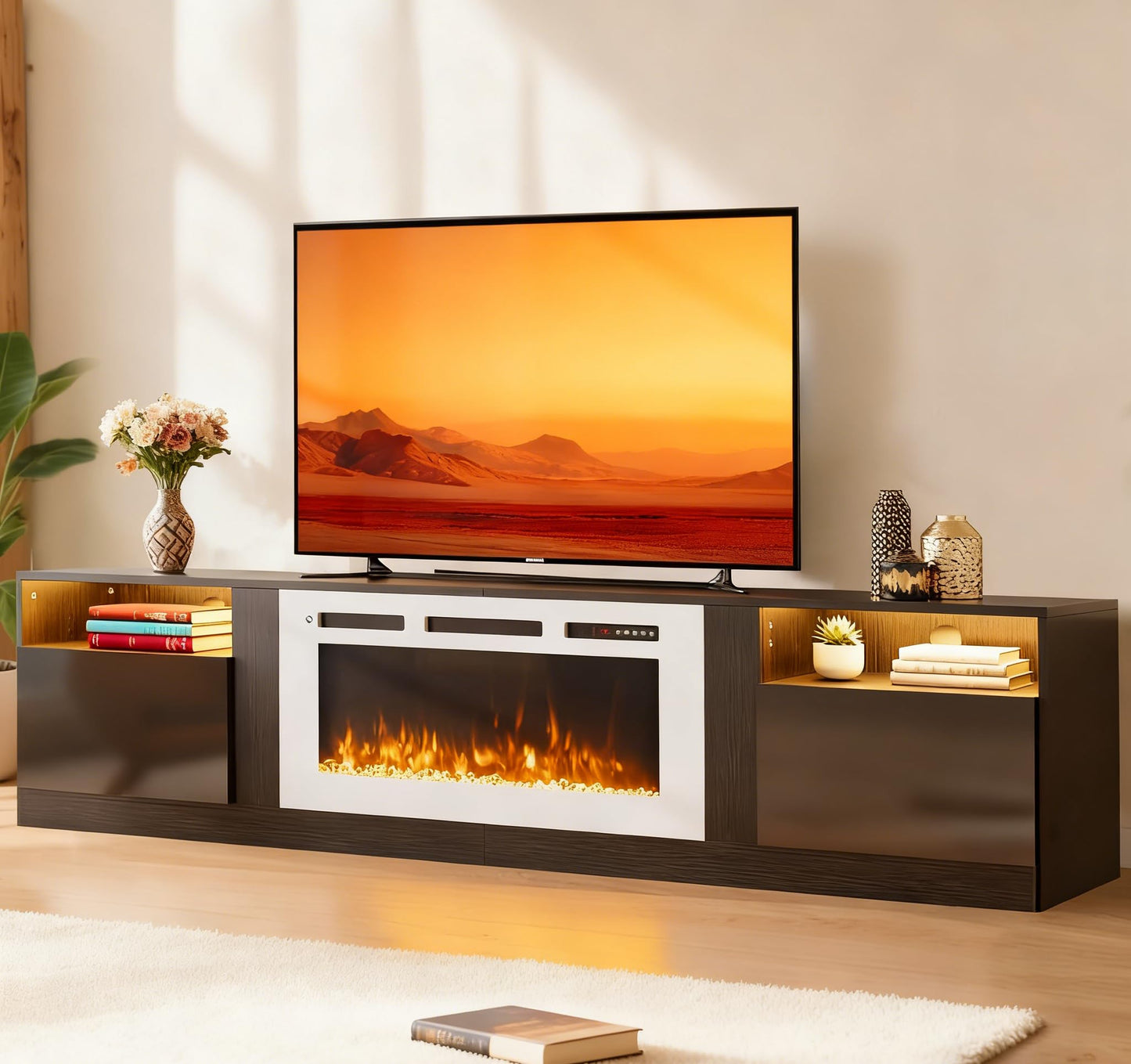 MXV 80" Fireplace TV Stand for TVs Up to 90", LED Light Entertainment Center with 36" Electric Fireplace, Modern Wood Texture TV Media Console with Highlight Storage Cabinet, Black-White