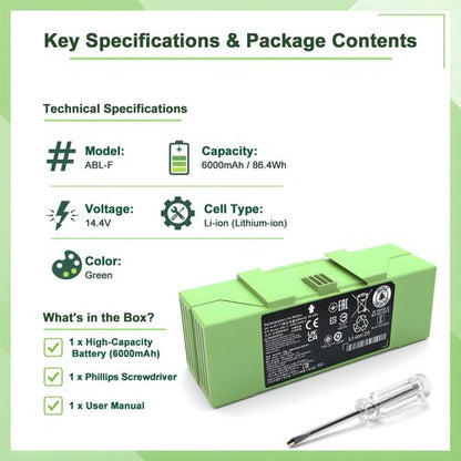 JuiceSavvy Upgraded 6000mAh ABL-F Battery for iRobot Roomba j7 j7+, Replacement for iRobot j9 j8 j5 j5+ j6 j6+ i8 i8+ i7 i7+ i7 Plus i6 i3 i3+ i3 Plus i4 i4+ e5 e6 Series Robot Sweeper, ABL-D1 ABL-D2