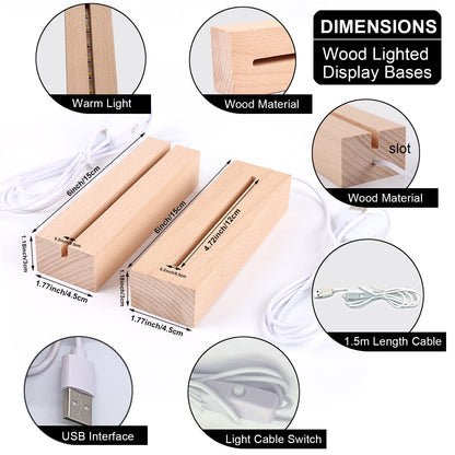 Voaesdk 2Pcs Wood LED Lights Display Bases 6 Inch Rectangle Wooden Lamp Holders Wood Lighted Base Stand for 3D Crystal Glass Resin Art Acrylic Plate Pedestal Paperweights