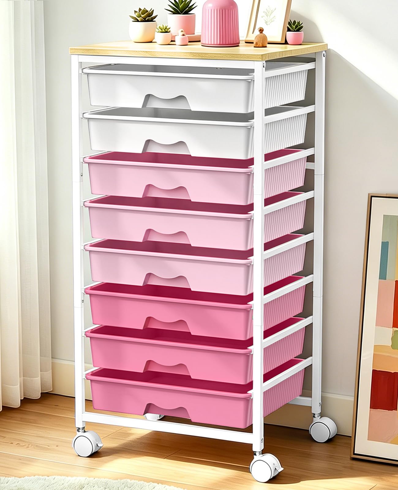 SUNALLY Rolling Storage Utility Cart with 8 Drawers, Storage Drawer Cart with Wooden Tabletop and 2 Lockable Wheels, 8 Tier Rolling Cart for Craft Art Supply Storage & Home Office Organization, Pink