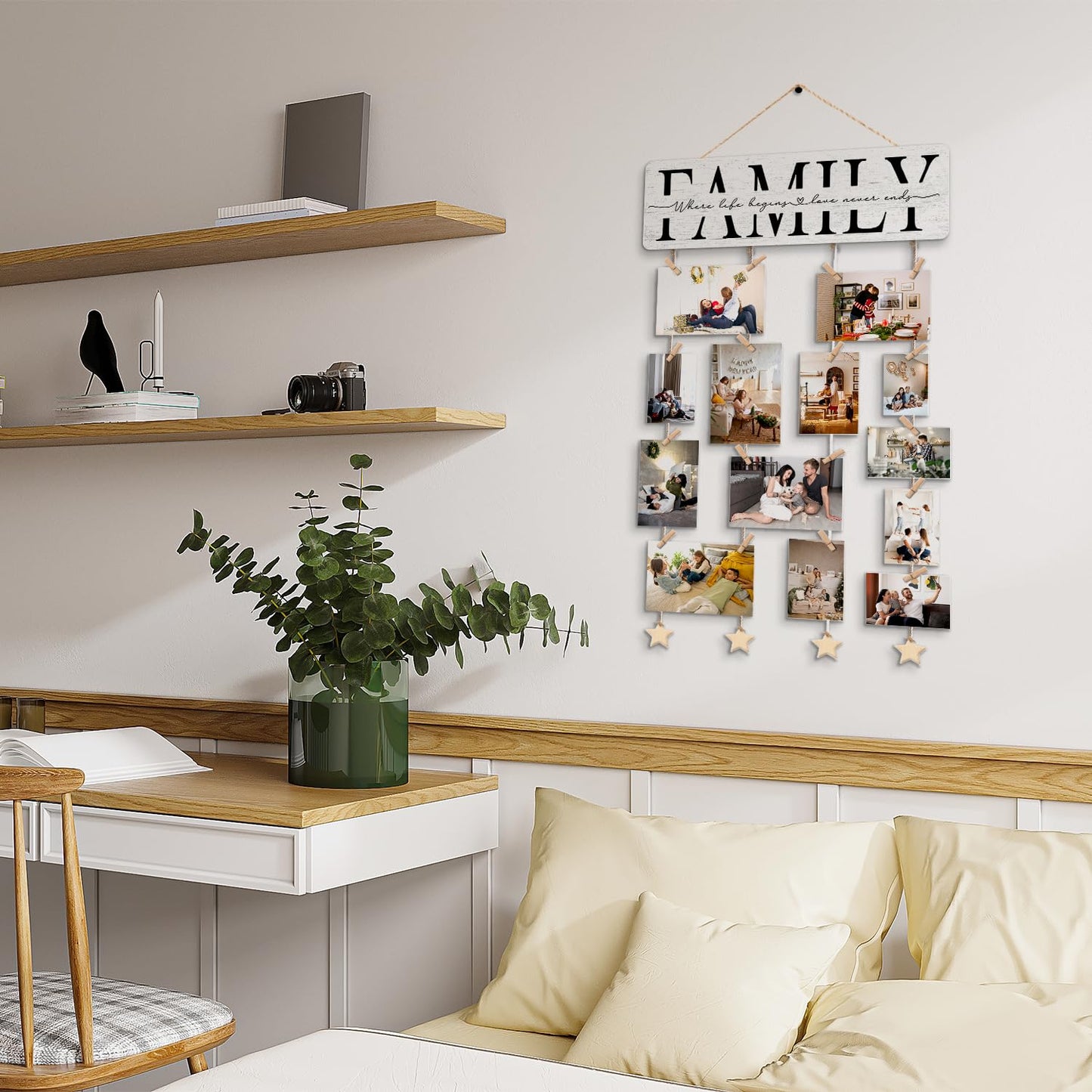 NaZaUK Family Picture Frames Collage Photo Hanging Display, Picture Board Wood Rustic Frames, Hanging Photo Display with Clips, Home Bedroom Wall Decor, Family Where Life Begins and Love Never Ends