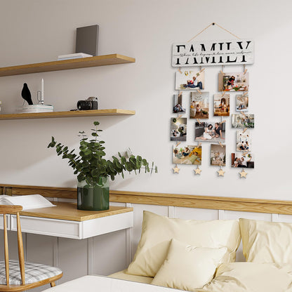 NaZaUK Family Picture Frames Collage Photo Hanging Display, Picture Board Wood Rustic Frames, Hanging Photo Display with Clips, Home Bedroom Wall Decor, Family Where Life Begins and Love Never Ends