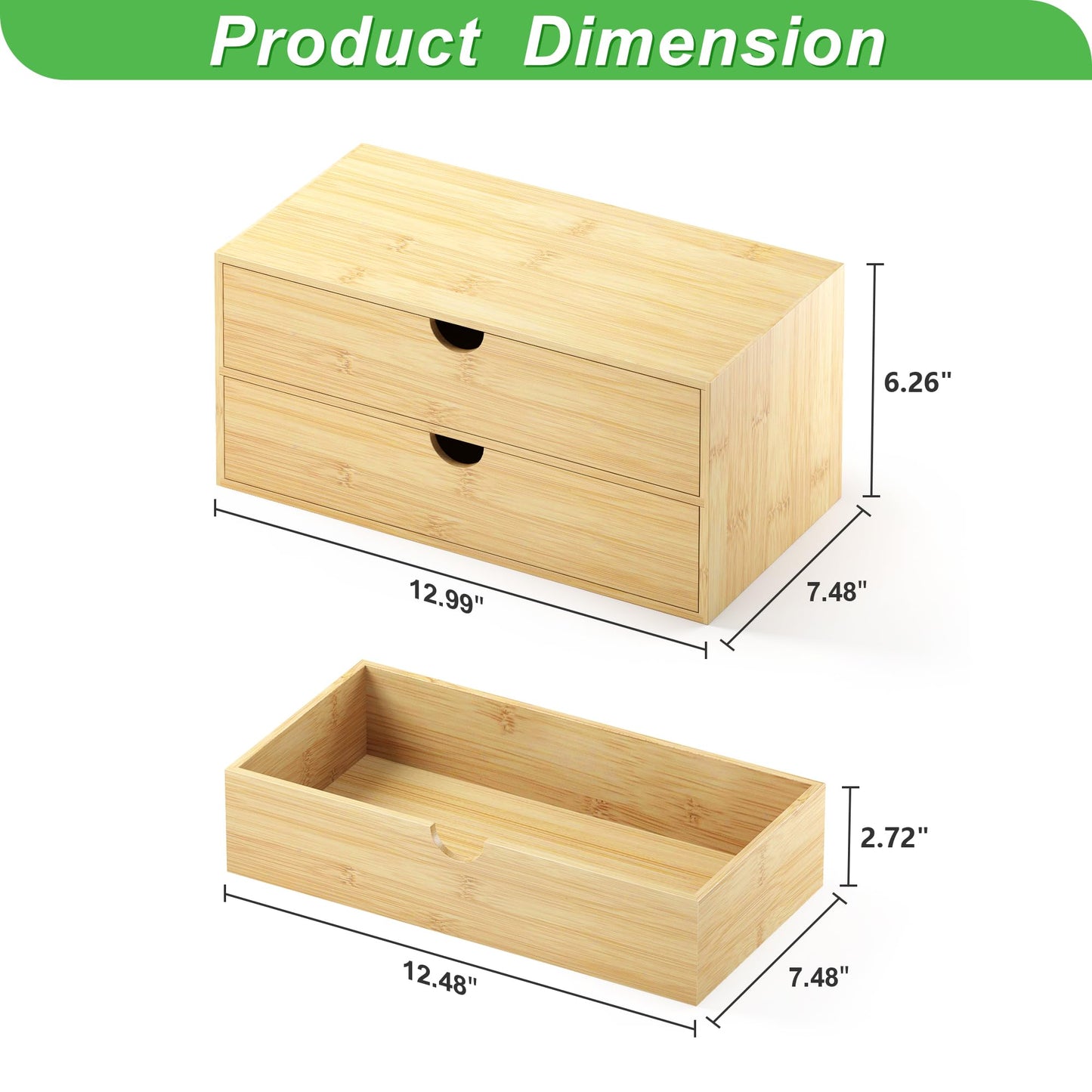 Wisuce Desk Organizer with Drawers - Bamboo Desktop Organizer Storage Natural Wood Desk Drawers Organizer for Bills, Office Supplies, Cosmetics, Seals No Assembly Required 3 Drawers（left-right)