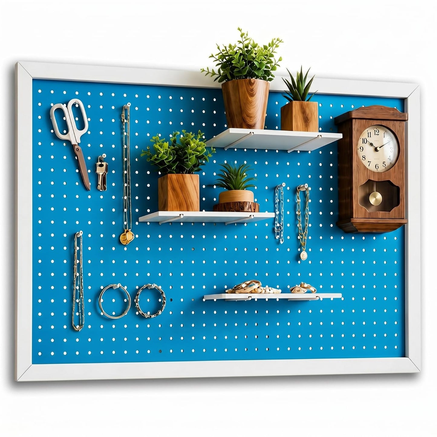 Weysat 36 x 24 Inch Decorative Wood Pegboard Wall Organizer with Frame Large Display Board Kit with 3 Shelves 18 Nails Aesthetic Board Wall Organizer Craft for Room, Office, Sewing (Blue)