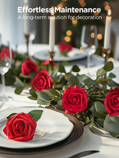 InnoGear Artificial Flowers, 50 Pcs Dark Red Foam Fake Roses Bulk with Stems for Mother's Gift Decoration Celebration DIY Wedding Bouquets Centerpieces Bridal Shower Party Christmas Tree