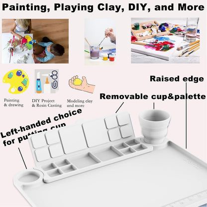 Svartur Silicone Painting Mat with Cup and Palette Removable, 17"X13" Thick Silicone Art Mat for Craft with Raised Edge for Resin DIY Making, White