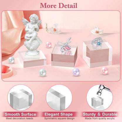 SAMYUCHO Acrylic Base Stand 3 Pack 3 X 3 Inch Acrylic Blocks for Display Trophy Base Clear Square Cube Riser Display Cylinder Pedestal Stands for Collectibles Jewelry Props Food Display 3 Size