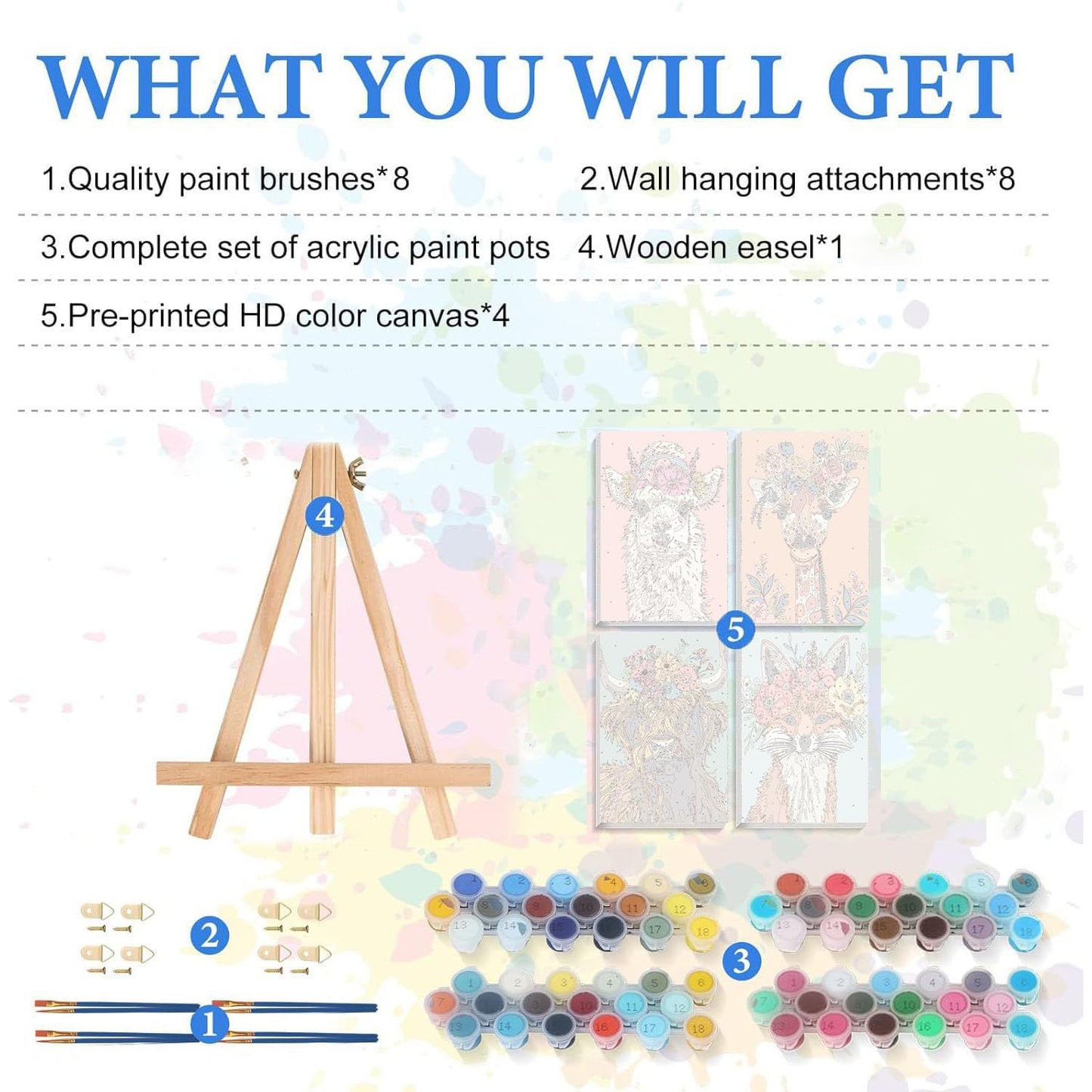 bleihum 4 Pack Paint by Numbers kit for Adults with Frame and Wooden Easel, Animals Paint by Number Canvas, Easy Paint by Numbers Kit for Adults Beginner Home Wall Decor Gift (8x12 inch)