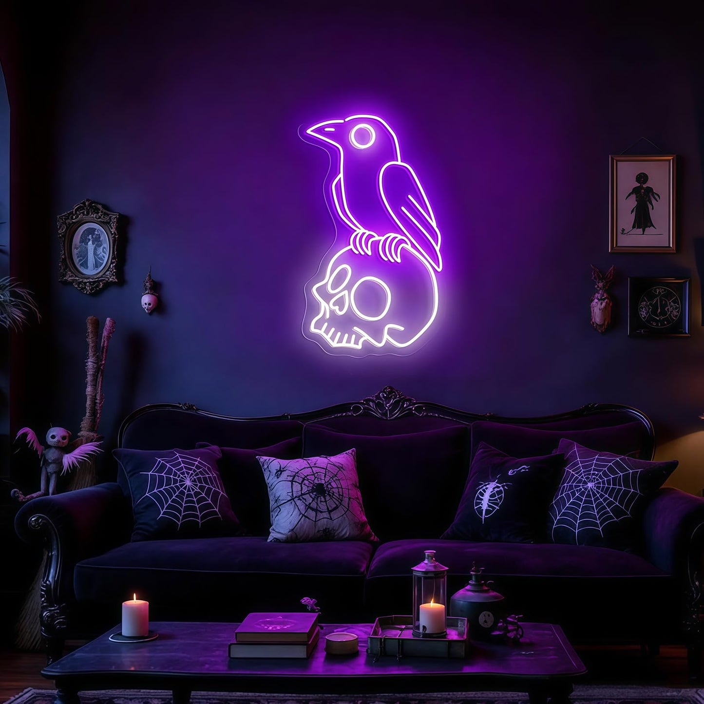 Raven on Skull Neon Sign, Purple Crow Cold White Skeleton LED Wall Light for Gothic Room, Halloween Decor, Man Cave, Dark Aesthetic Gift, Witchy Space 16.7" x 10.1"