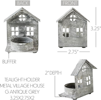 Metal Village House Tealight Holder by [Brand Name] - Antique Grey, 3.25x2.75x2 Inches