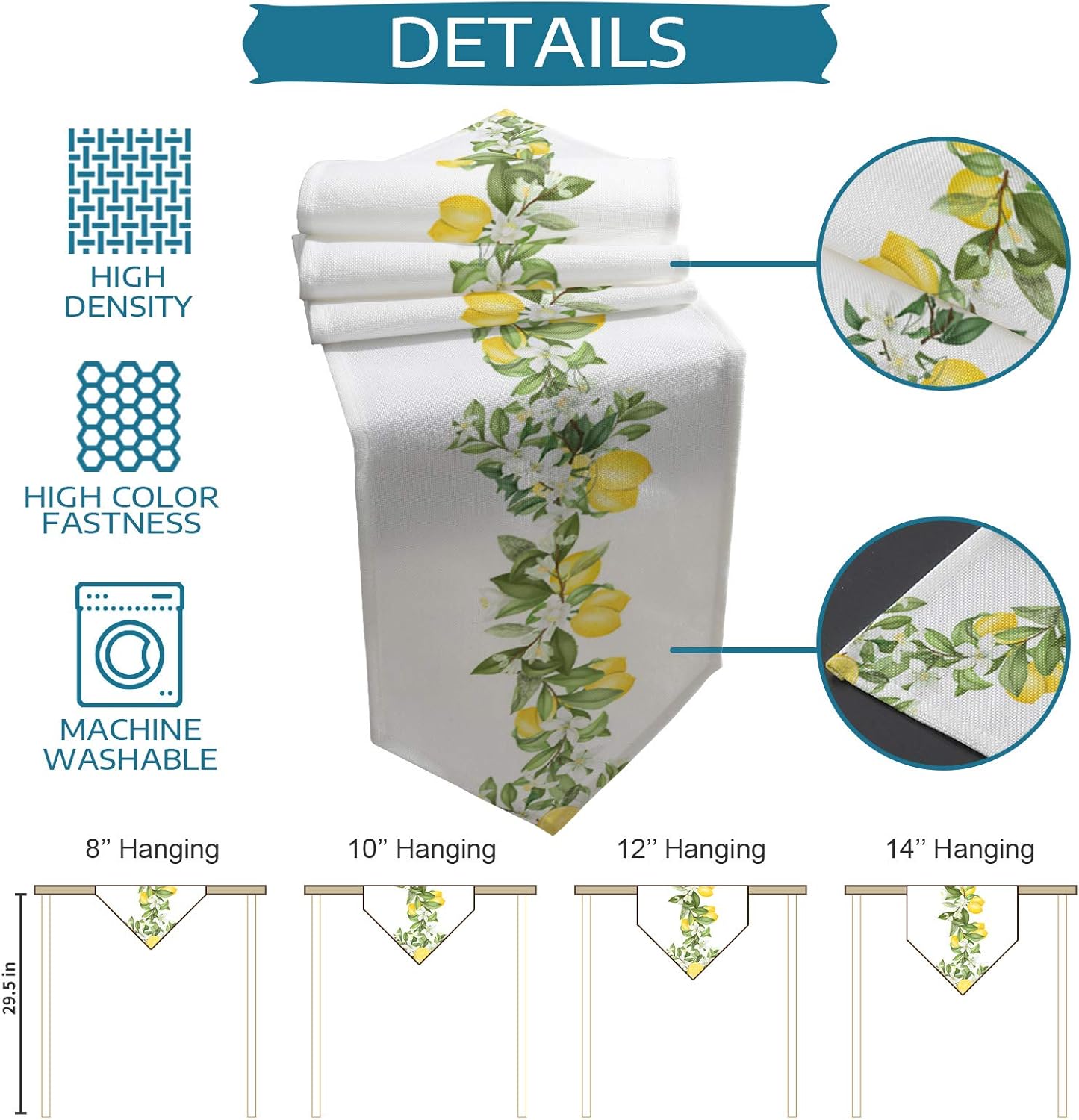 Cotton and Linen Triangle Table Runners, 72 Inches Long, Summer Lemons White Floral Swirls for Wedding Party Decoration