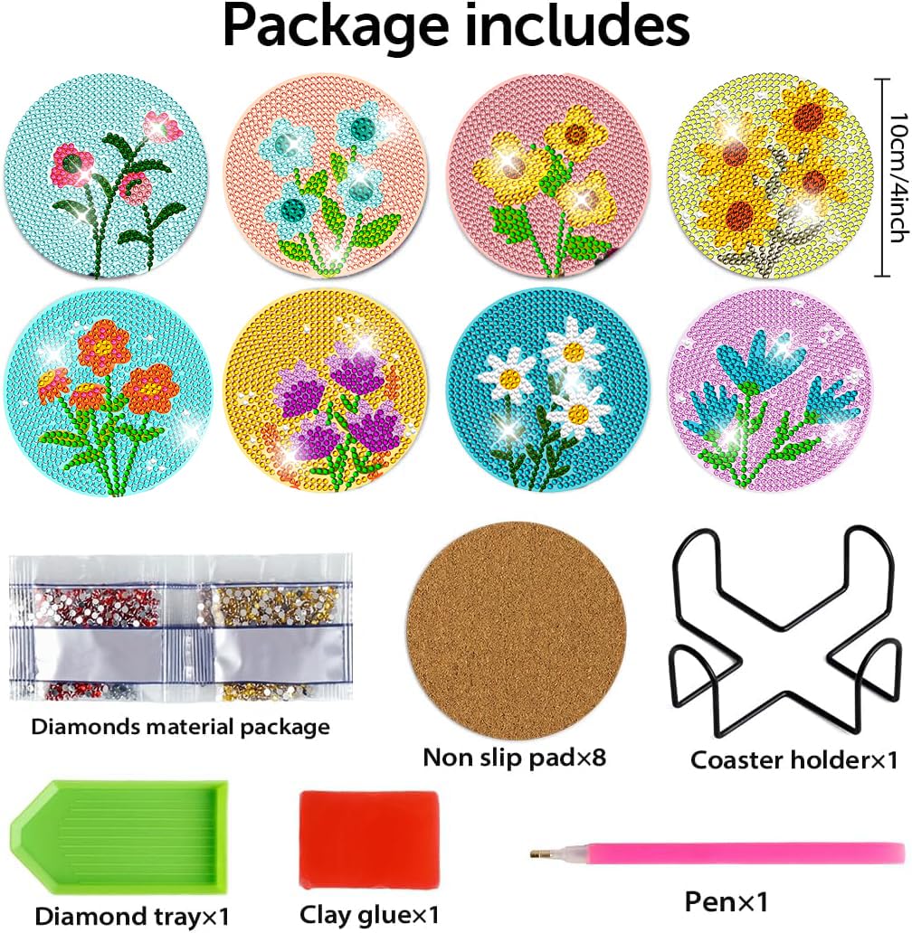 DOTZSO 8 Pcs Diamond Art Coasters Kit with Holder, Diamond Art Kits for Adults Beginners Small Diamond Painting Coasters, Arts and Crafts for Adults Supplies Item Sets (Flower)