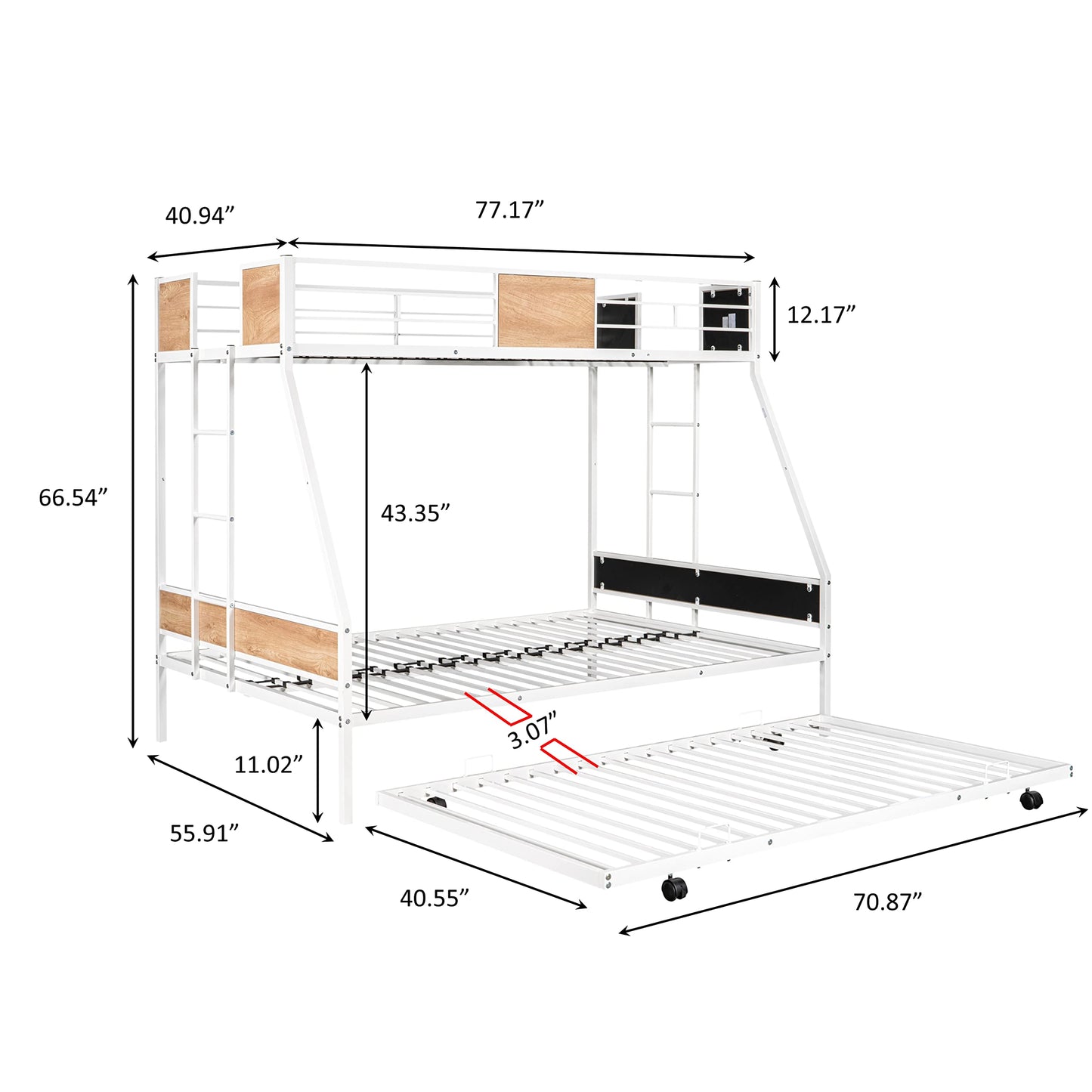 PVWIIK Twin Over Full Bunk Bed with Trundle,Heavy-Duty Sturdy Bedframe with Safety Guardrail & Ladder for Kids Boys Girls Teens,Space Saving Design & No Box Spring Needed,White