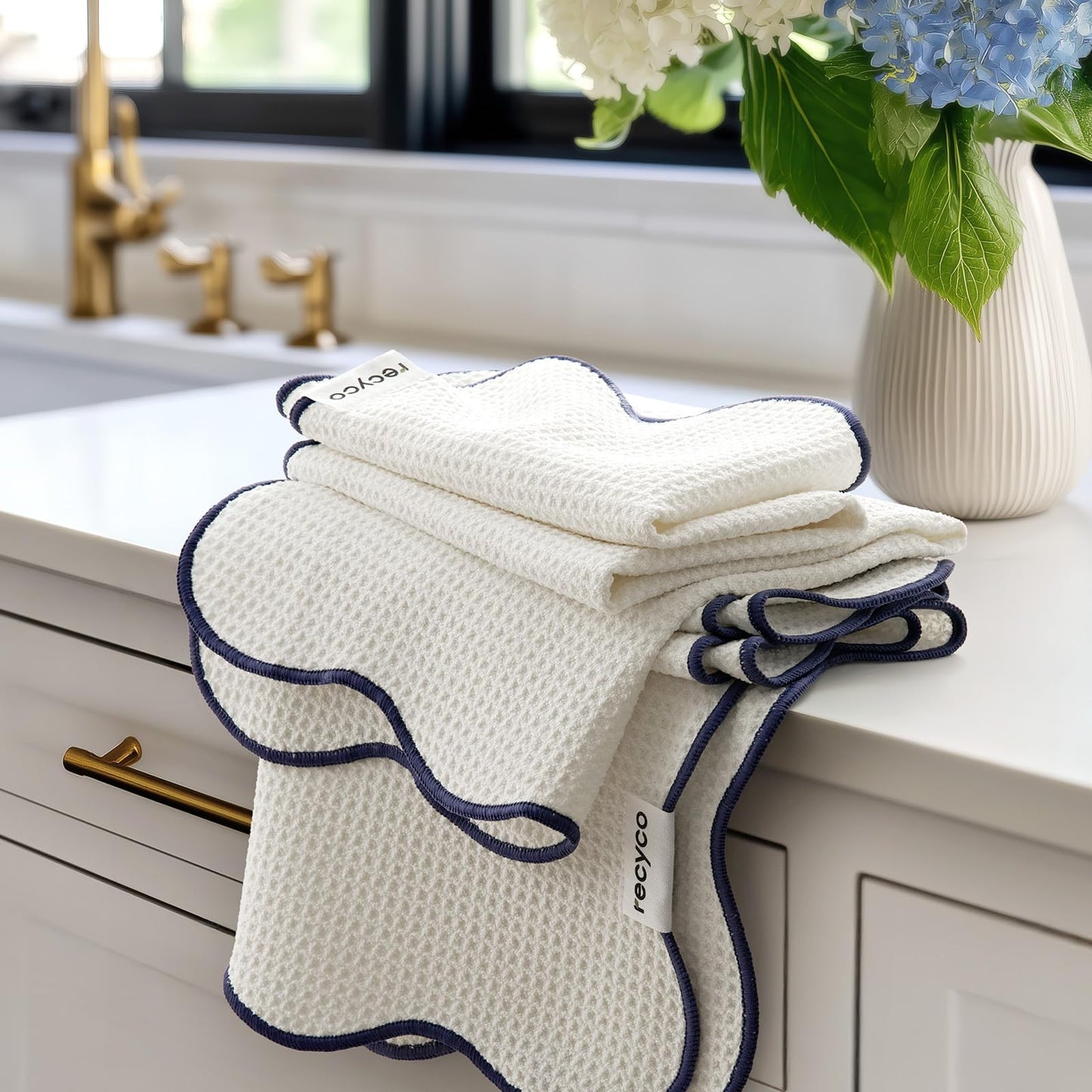 RECYCO Waffle Kitchen Towel Set of 2 - Quick Dry Microfiber Sustainable Dish Towels - Ultra Absorbent Reusable Cleaning Tea Towels - Lightweight Hand Towels,16”x 28”, Navy Blue