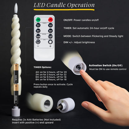West Ivory Full Twisted Spiral Flameless LED Taper Candles – Ivory, Set of 6 – 2/4/6/8-Hr Timer (24-Hr Memory), Remote, Dimmable, Bottom On/Off Button, Flicker/Steady, Battery Operated