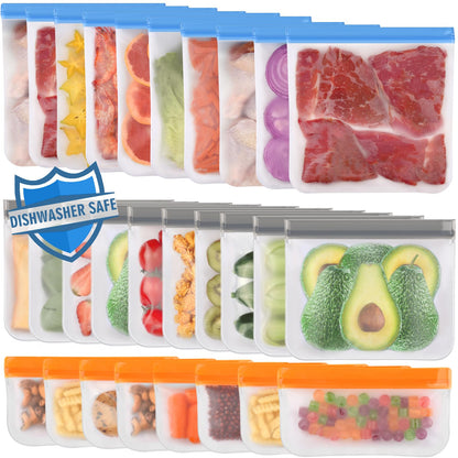 Lerine 10 Pack Dishwasher Safe Reusable Bags, Leakproof Reusable Freezer Bags, BPA Free Food Storage Bags for Marinate Food Travel - 3 Gallon 4 Sandwich 3 Snack